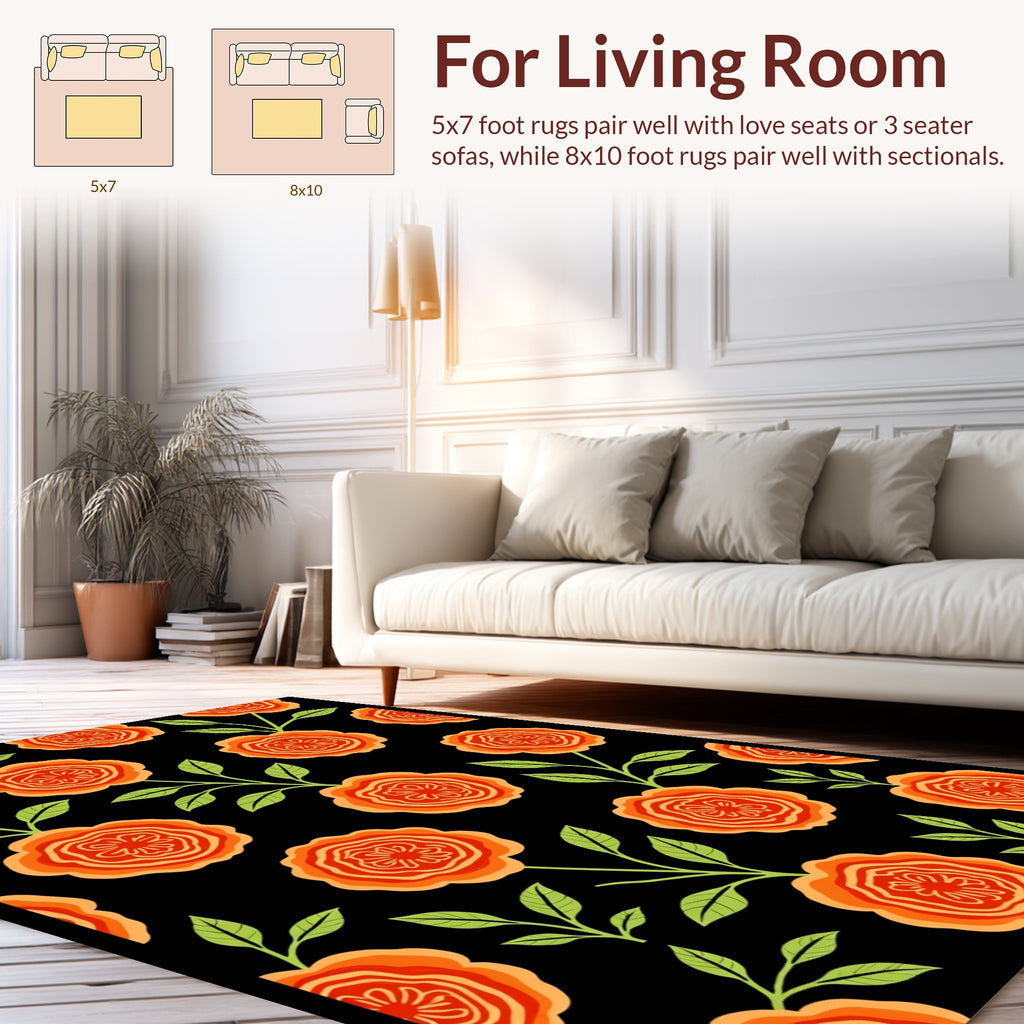 Orange Floral Pattern With Green Leaves Rug