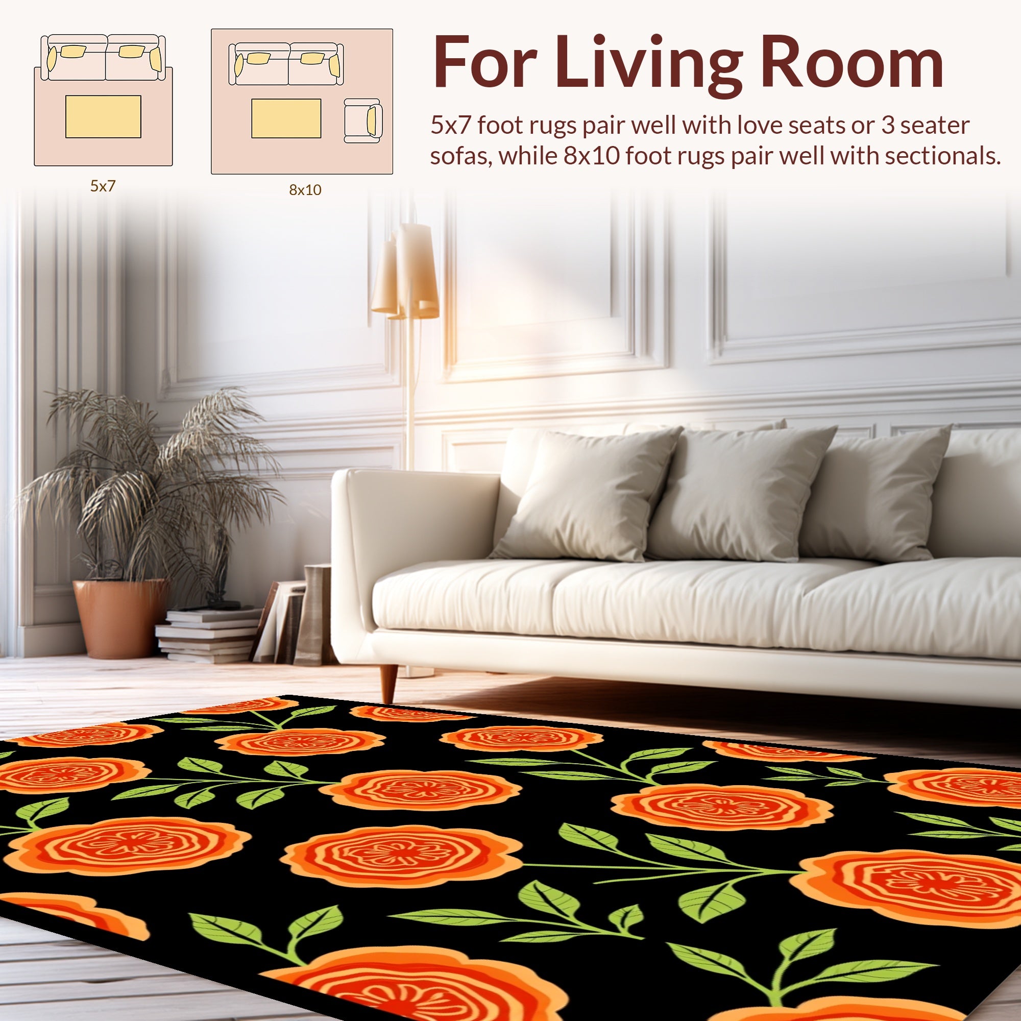 Orange Floral Pattern With Green Leaves Rug