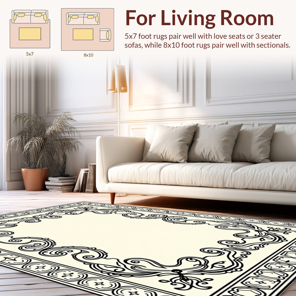 Elegant Black Scrollwork With Geometric Borders Rug