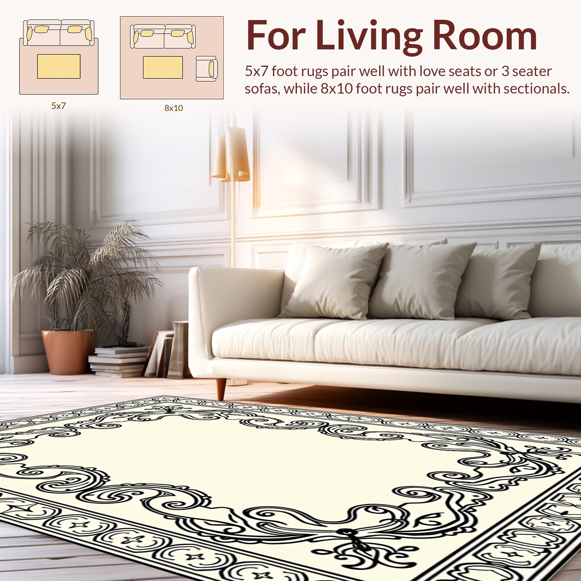 Elegant Black Scrollwork With Geometric Borders Rug