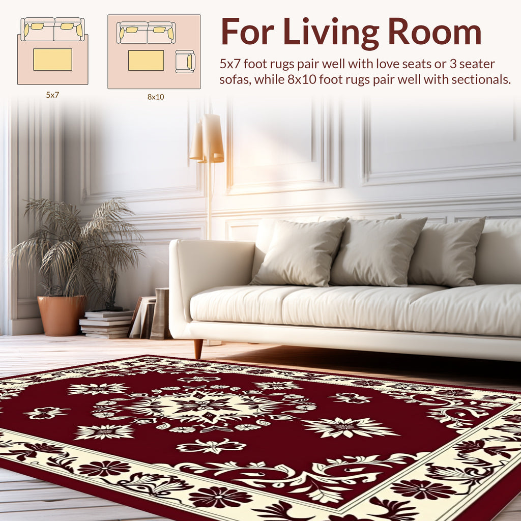 Elegant Floral Medallion Cream and Burgundy Rug