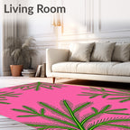 Vibrant Green Fern Fronds Pink Background Rug