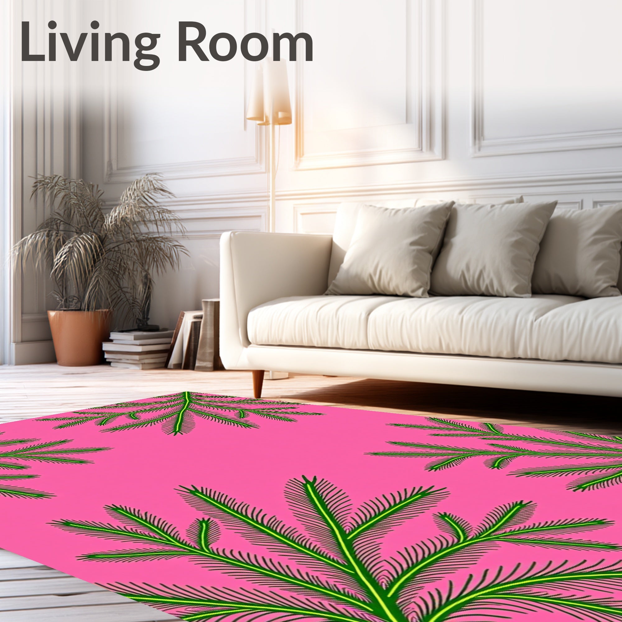 Vibrant Green Fern Fronds Pink Background Rug