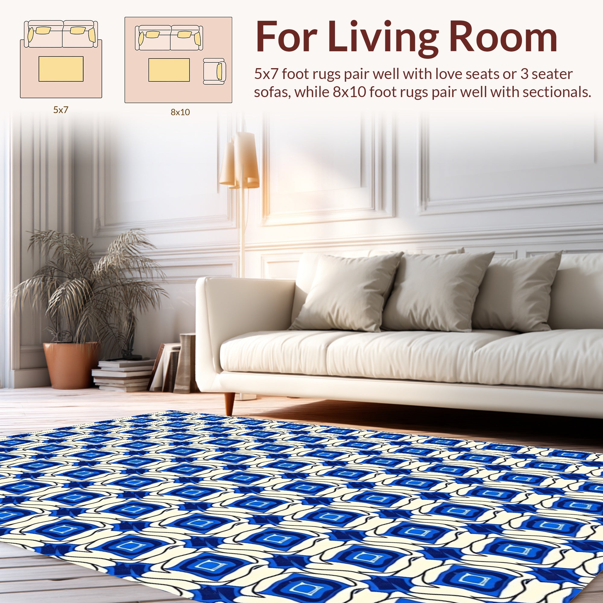 Blue Cream Geometric Square Design Rug