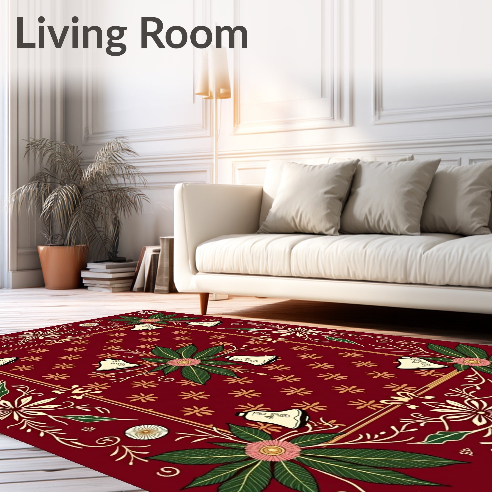 Festive Red Floral Bell Border Rug
