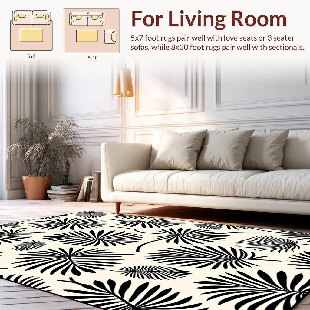 Black Wide Palm Leaf Print Design Rug