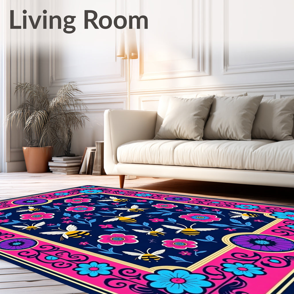 Whimsical Bee Garden Floral Navy Rug