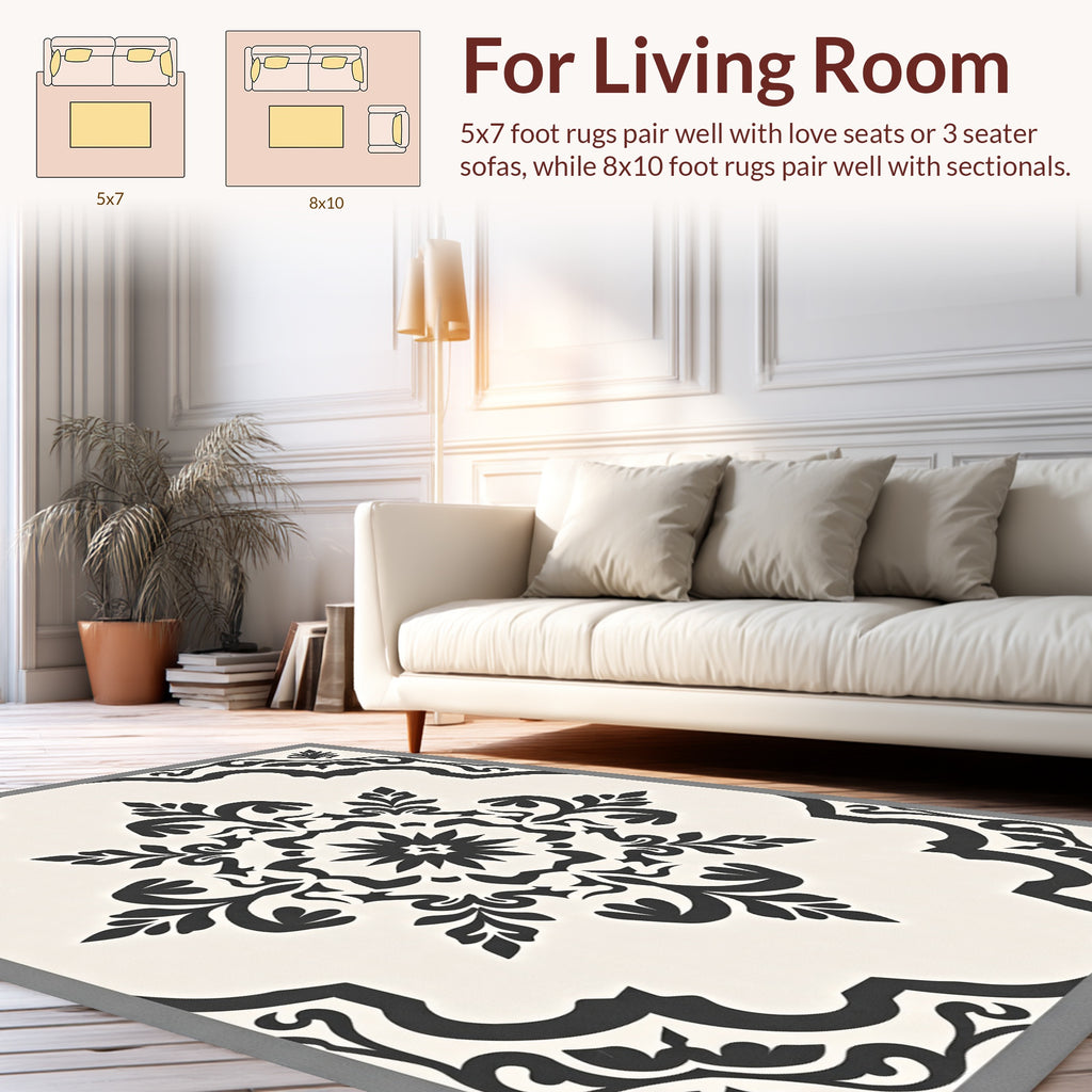 Monochromatic Ornate Floral Mandala Pattern Rug