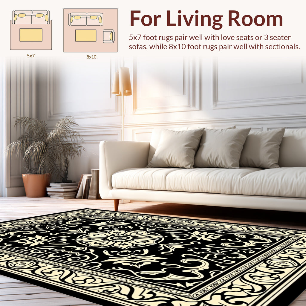 Classic Black Cream Floral Design Rug