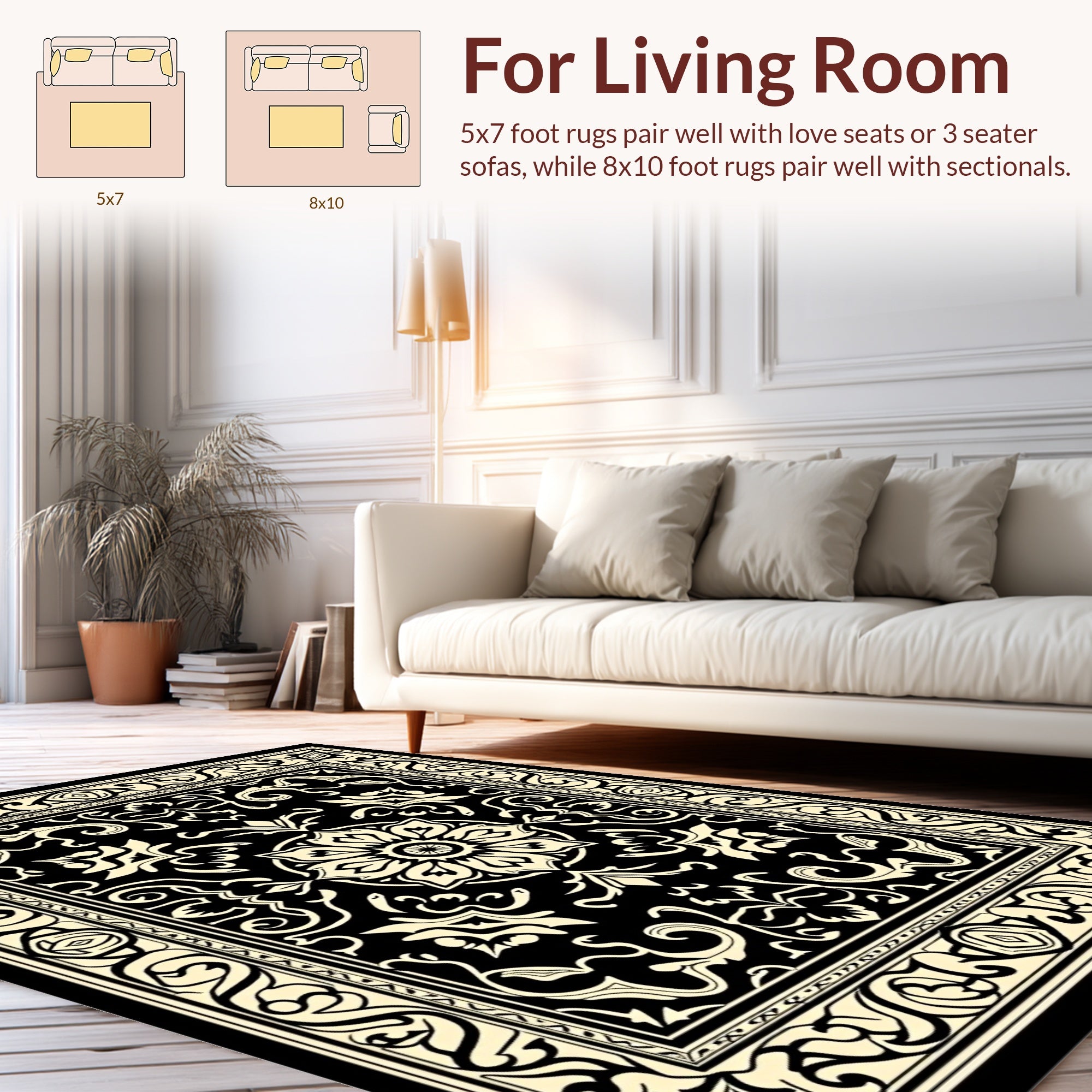 Classic Black Cream Floral Design Rug