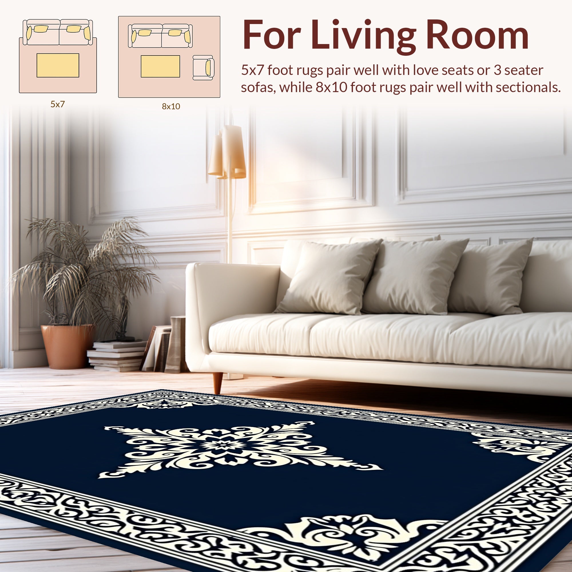 Elegant Ivory Navy Floral Medallion Rug