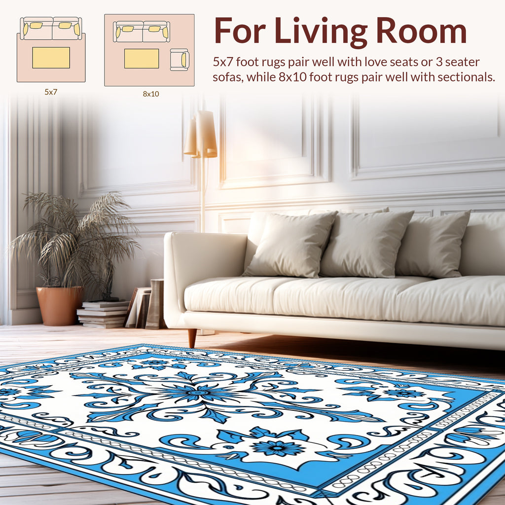 Classic Blue Floral Scroll Pattern Rug