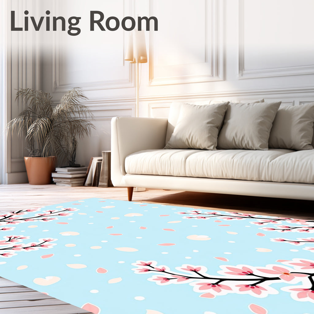 Pink Cherry Blossom Branches on Blue Rug