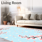 Pink Cherry Blossom Branches on Blue Rug