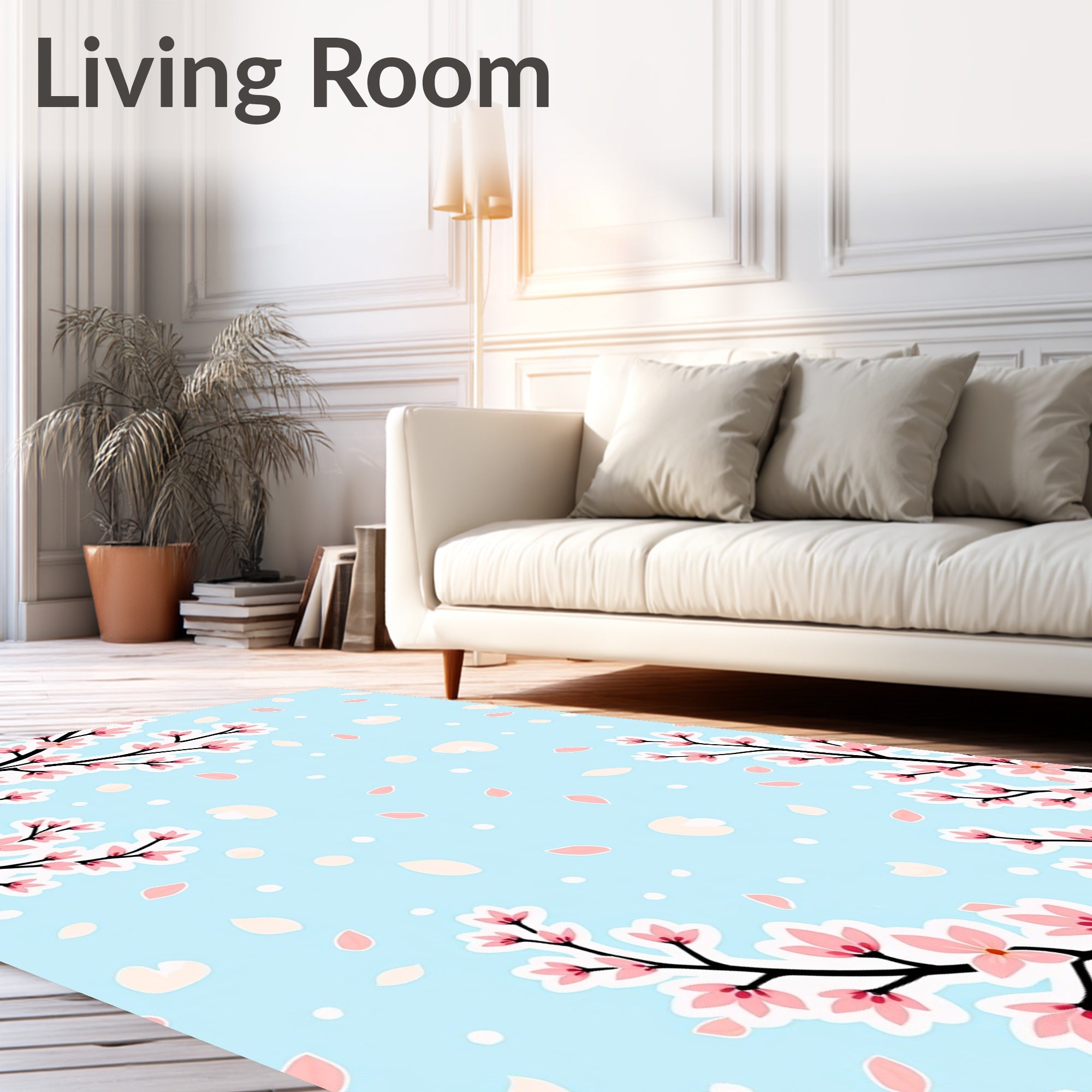 Pink Cherry Blossom Branches on Blue Rug