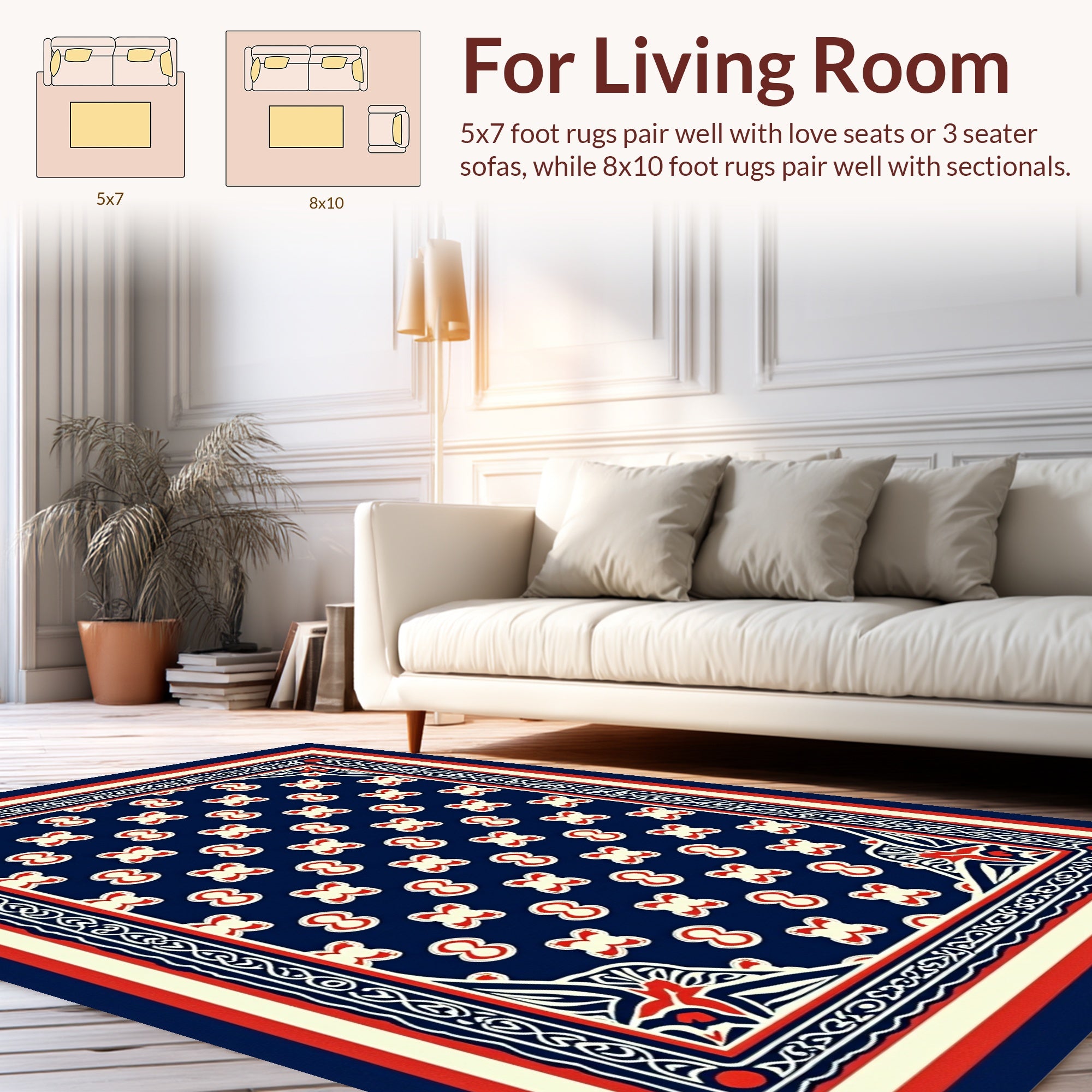 Classic Blue Red Cream Floral Pattern Rug