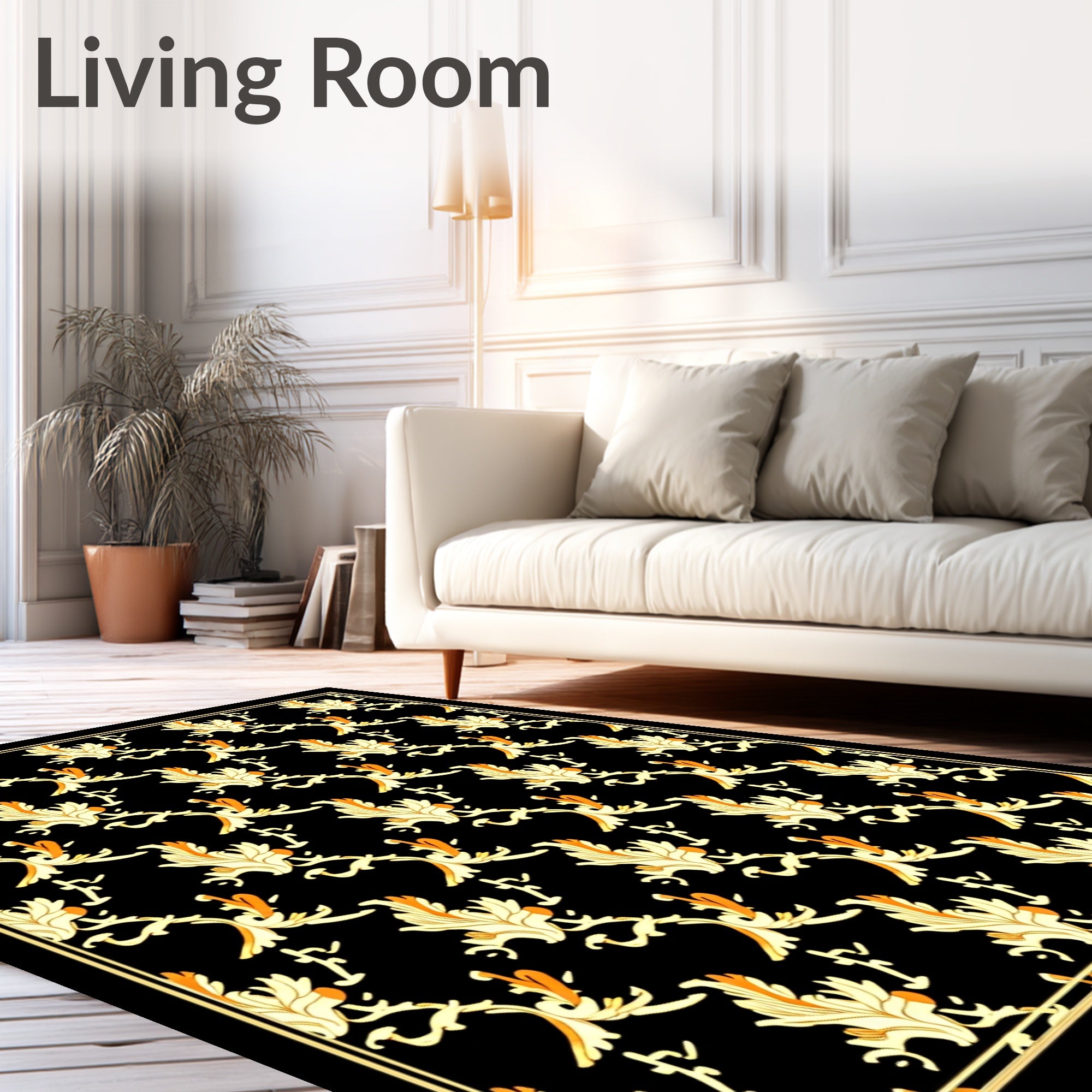 Elegant Gold And Orange Floral Pattern Rug