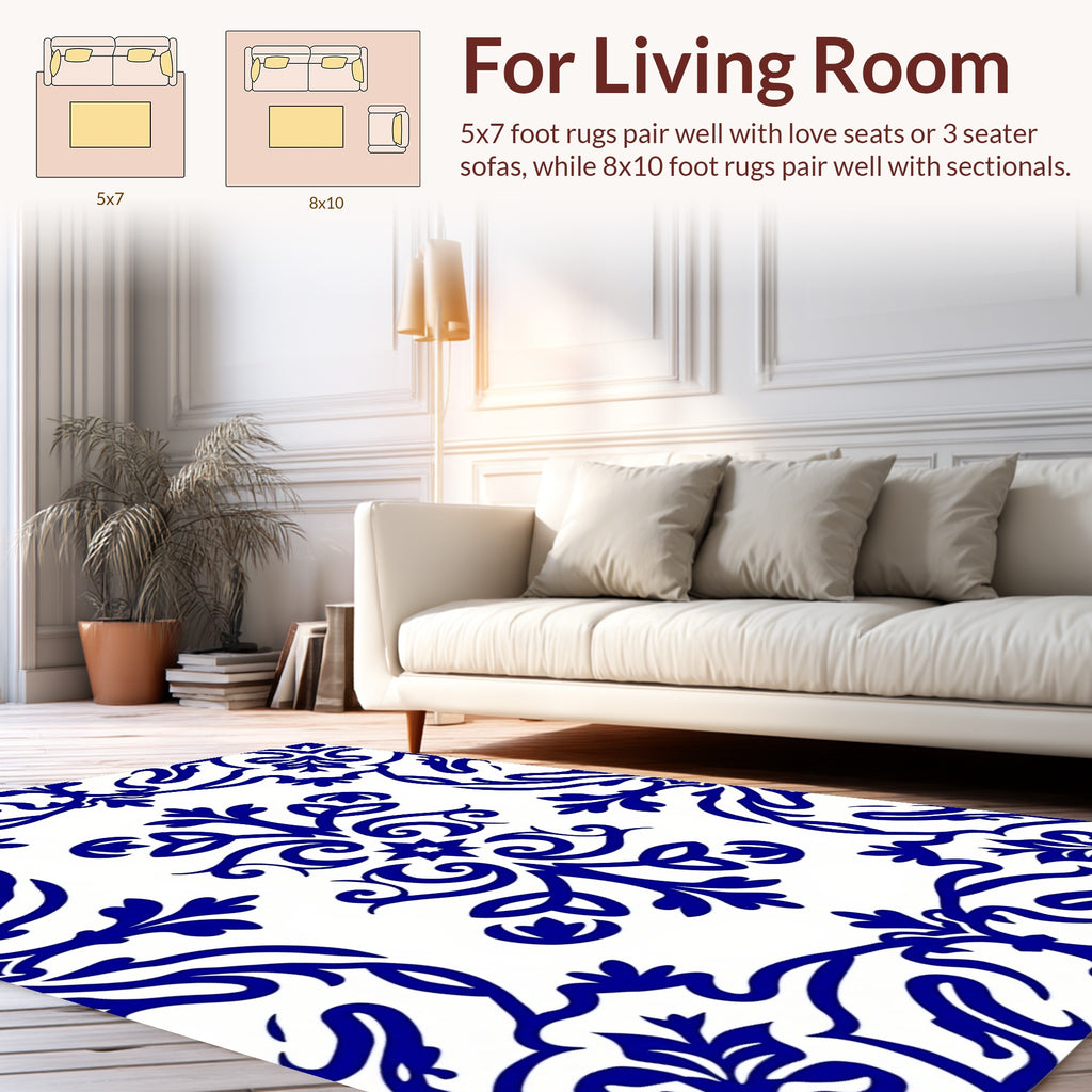 Intricate Blue Floral Scrollwork Damask Rug