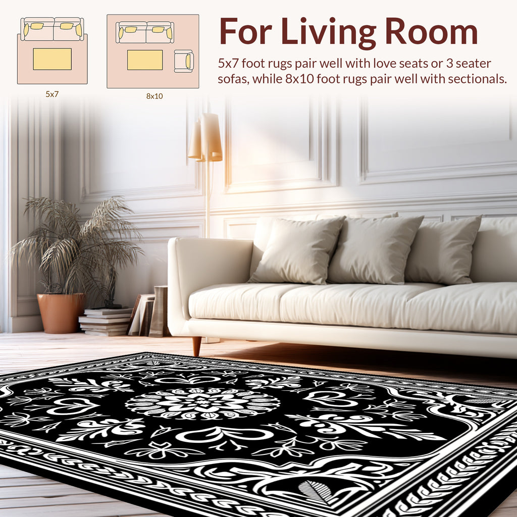 Elegant Black White Floral Mandala Rug