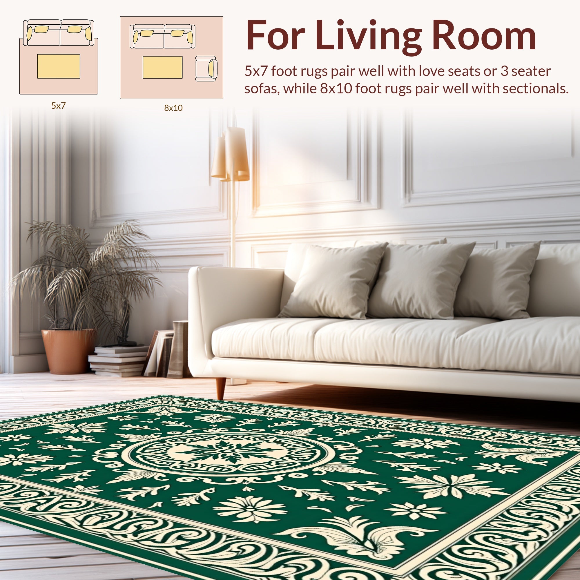 Elegant Floral Vine Dark Green Rug