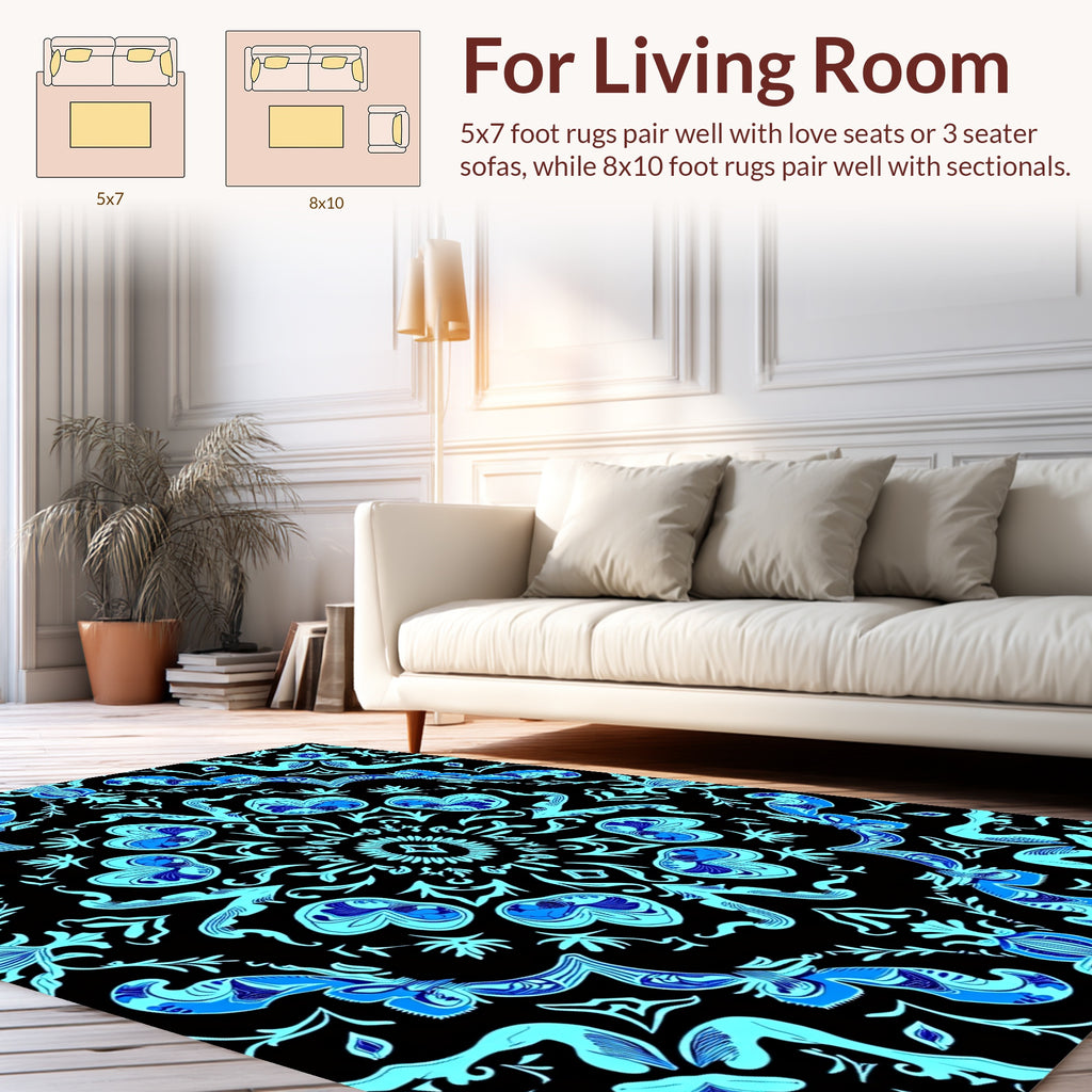 Intricate Blue Floral Damask Pattern Rug