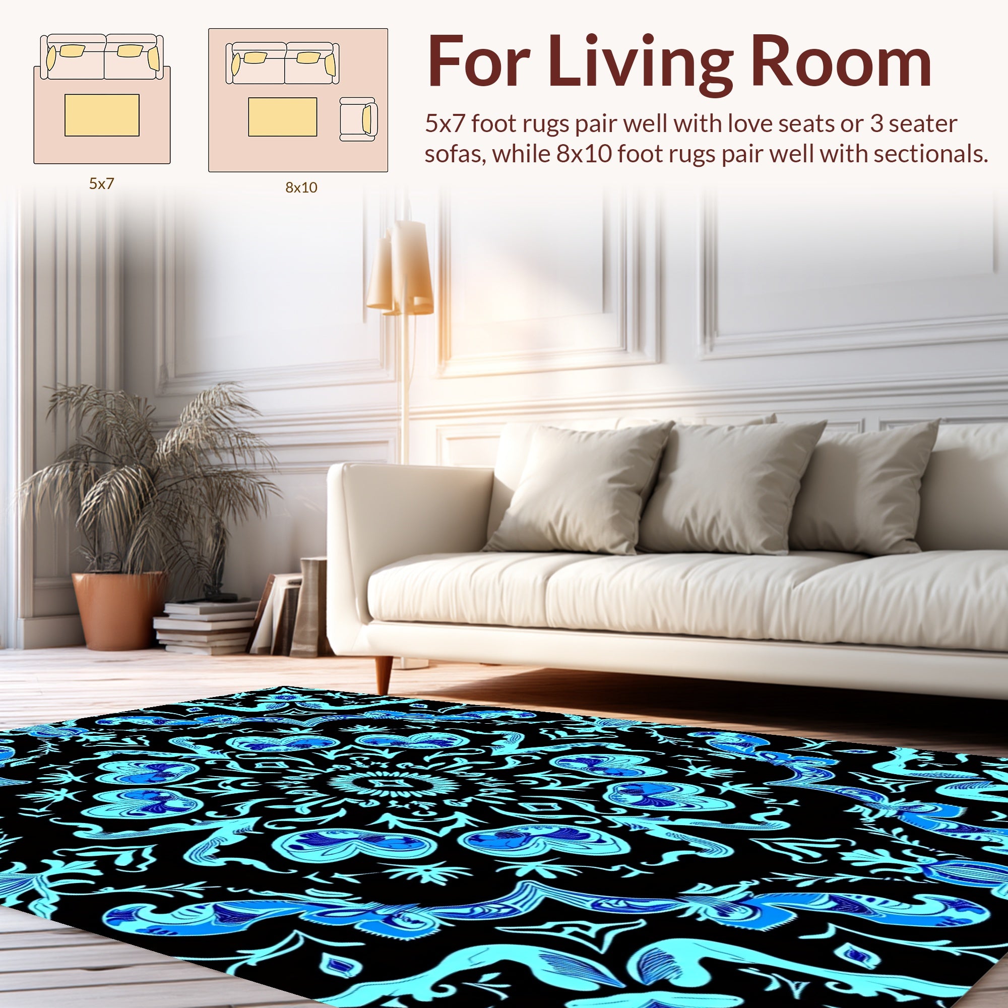 Intricate Blue Floral Damask Pattern Rug