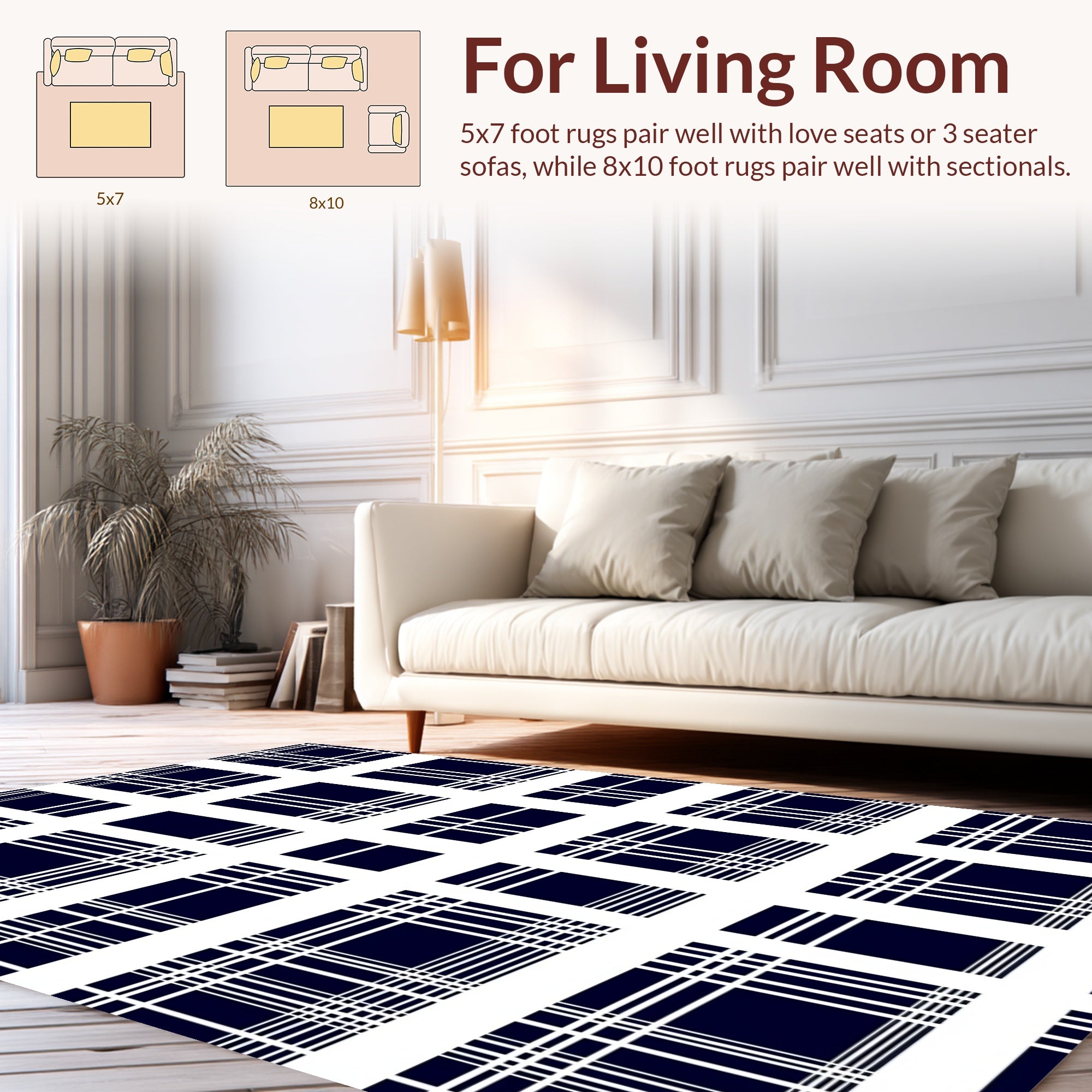 Navy White Gingham Grid Pattern Rug