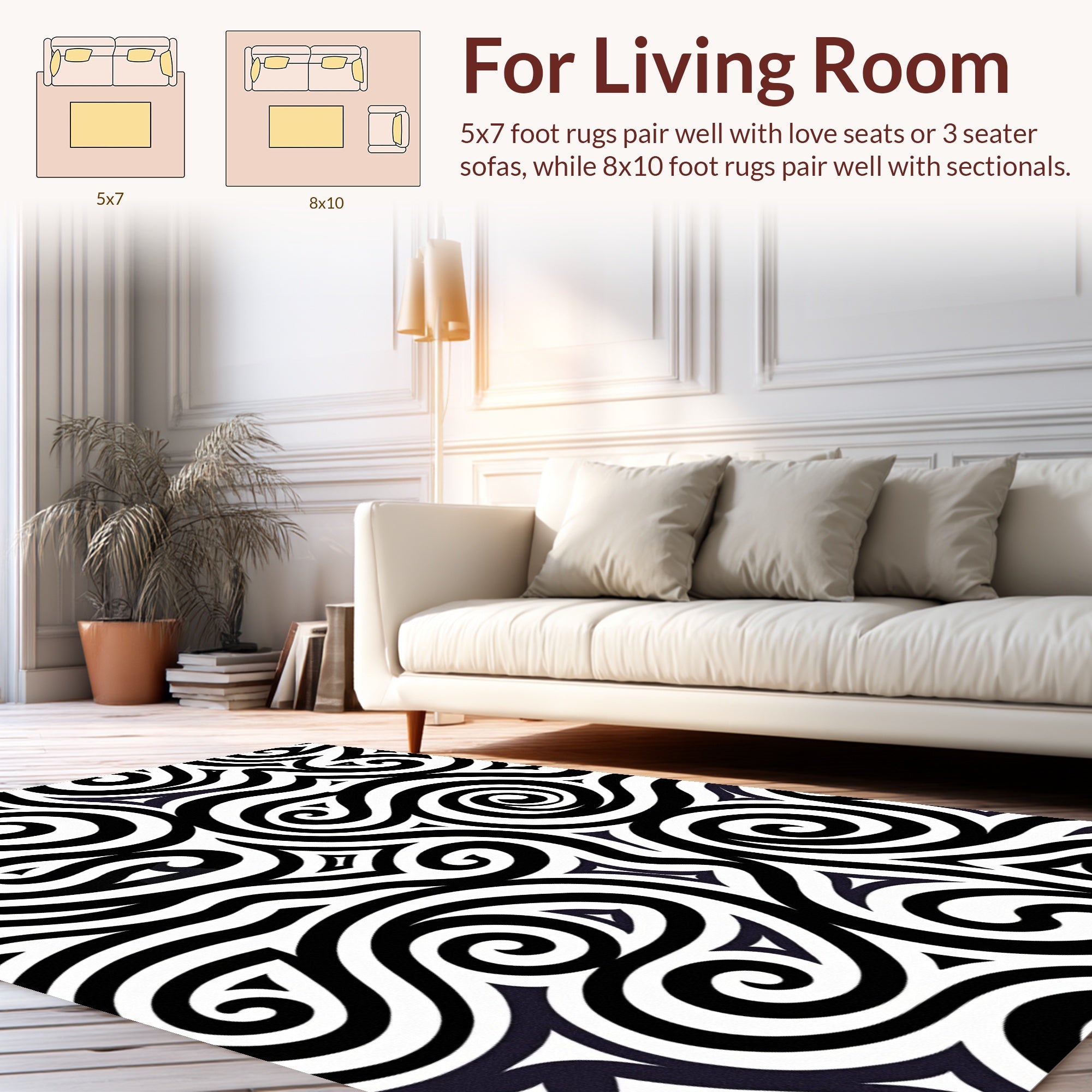 Bold Black White Abstract Swirl Rug