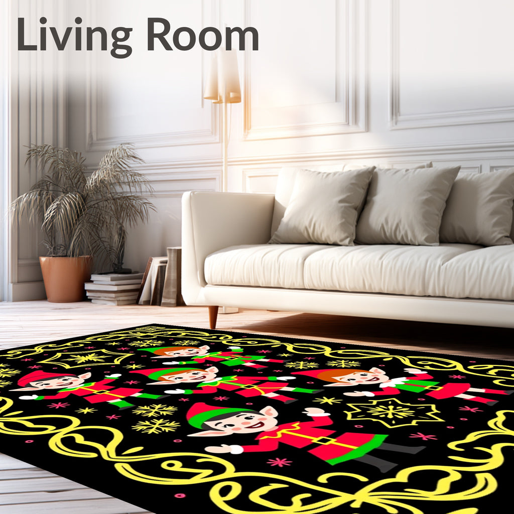 Festive Red Green Elves Snowflakes Border Rug