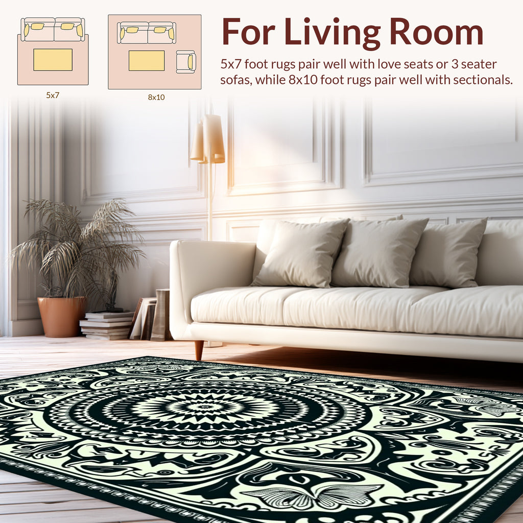 Intricate Floral Mandala Black and Ivory Rug
