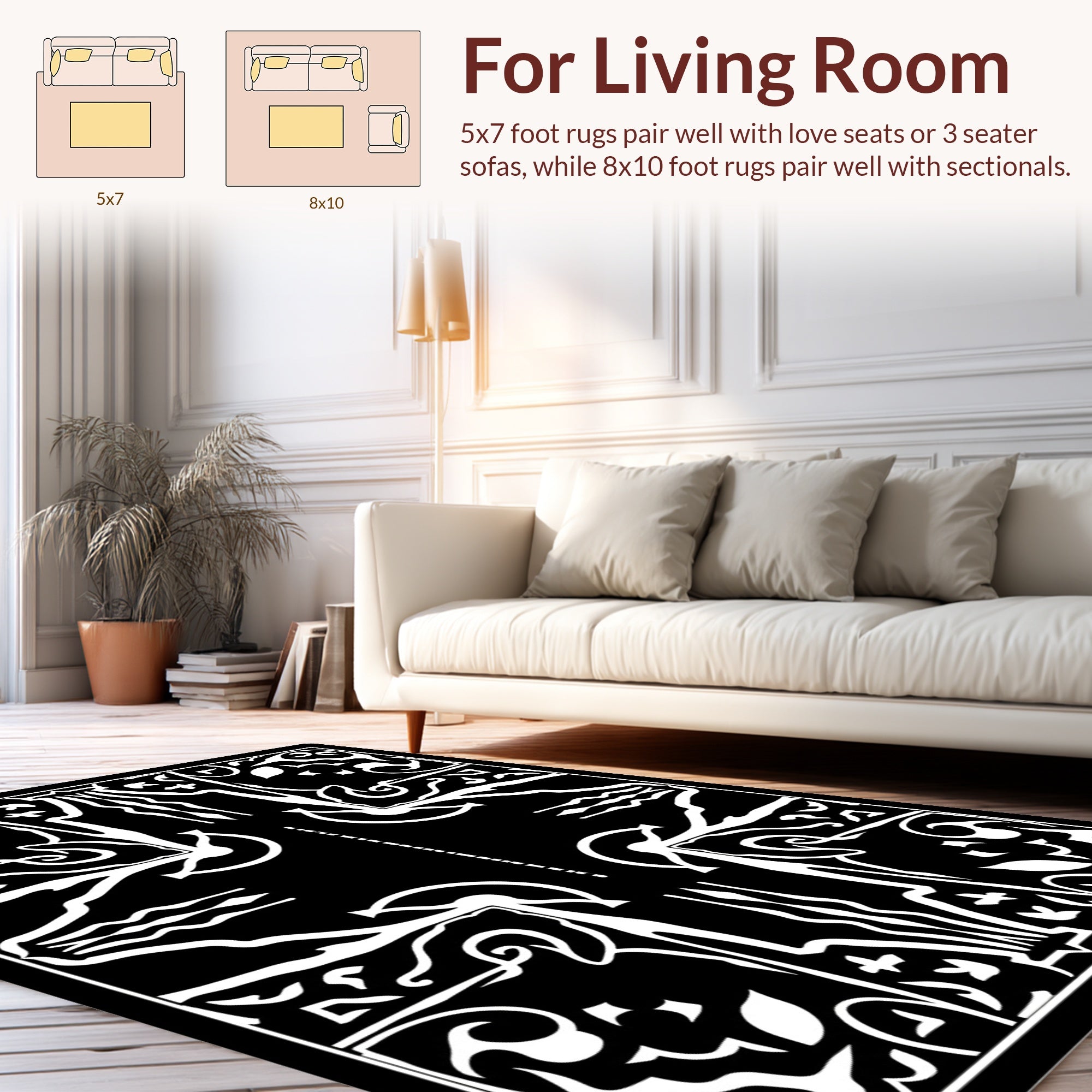 Abstract Black White Ornamental Motif Rug