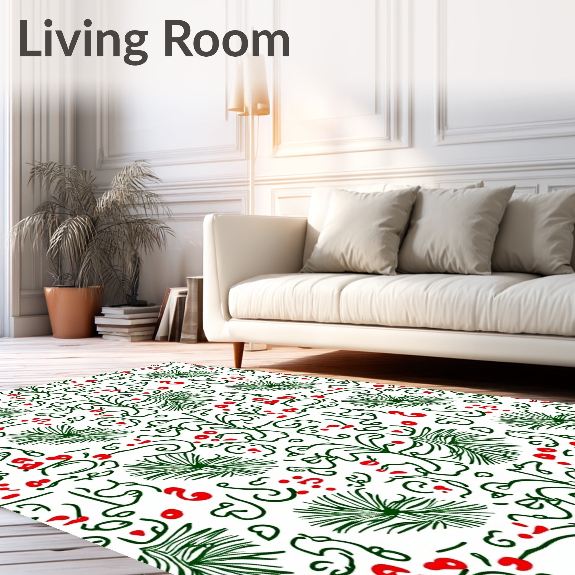 Green Red Botanical Line Art Rug