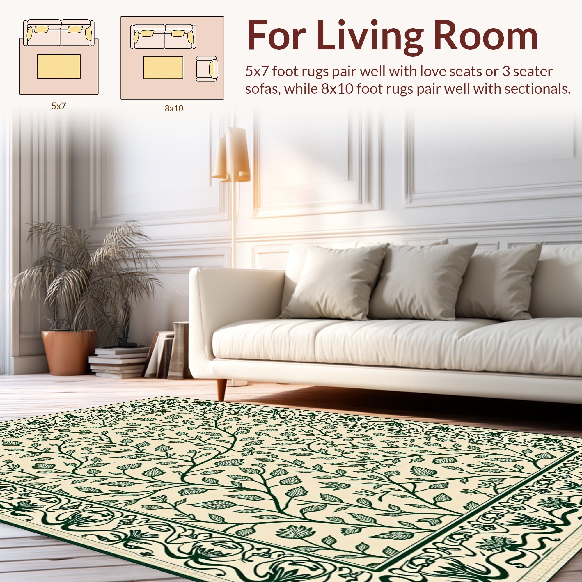 Vintage Green Leaf Vine Pattern Rug