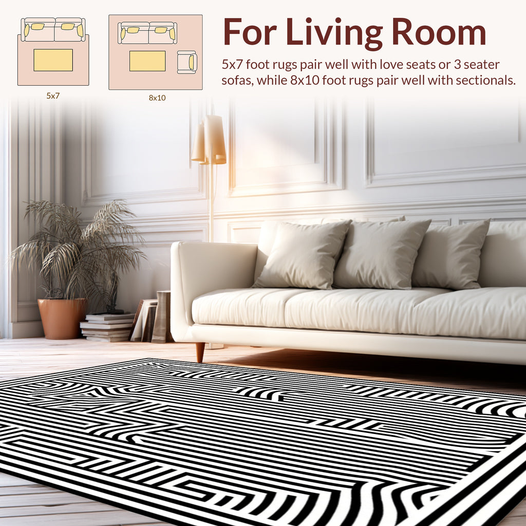 Abstract Black White Striped Maze Rug