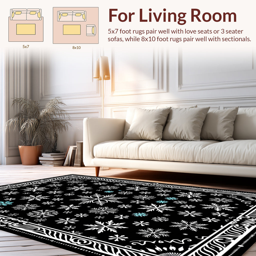 Winter Snowflake Patterned Black Rug
