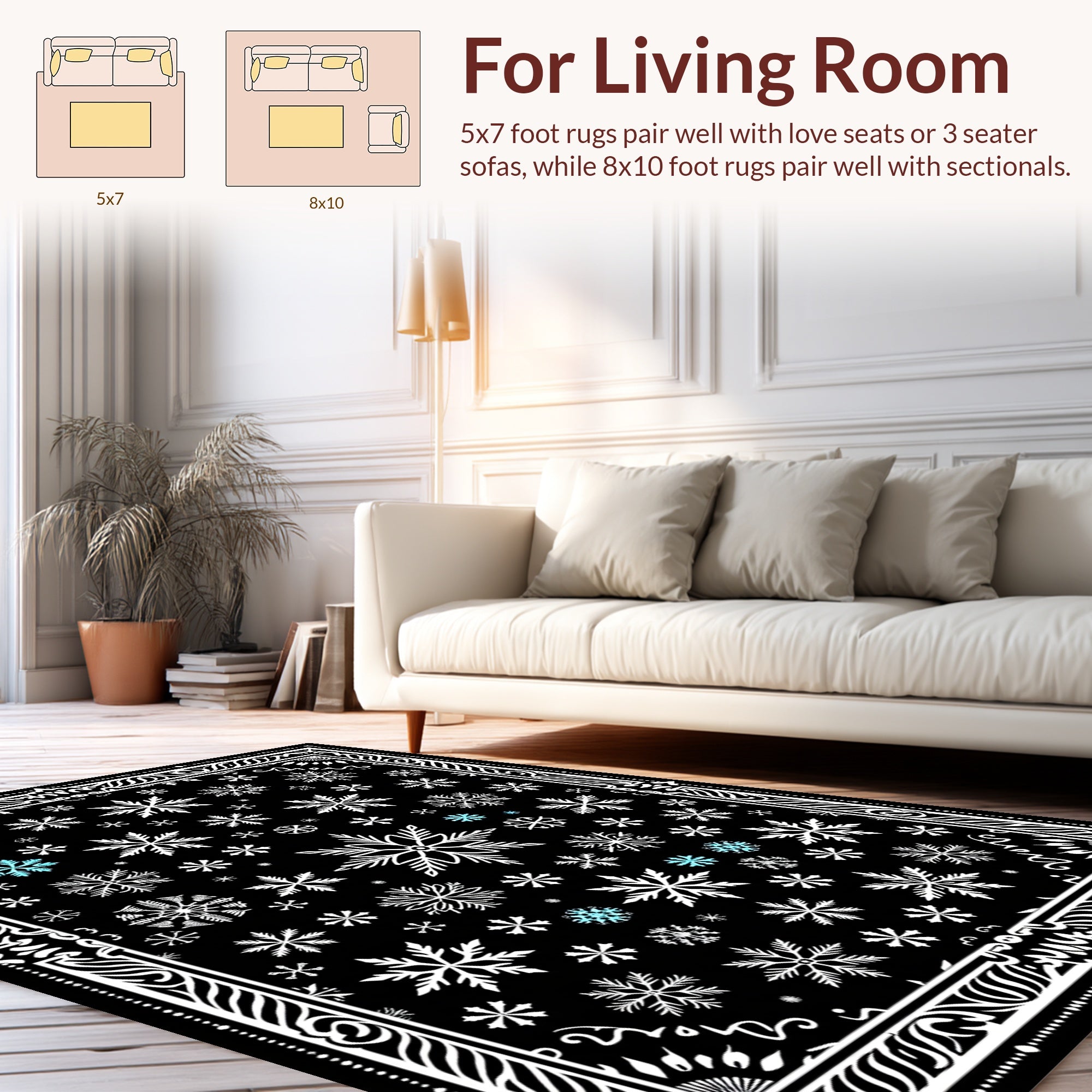 Winter Snowflake Patterned Black Rug