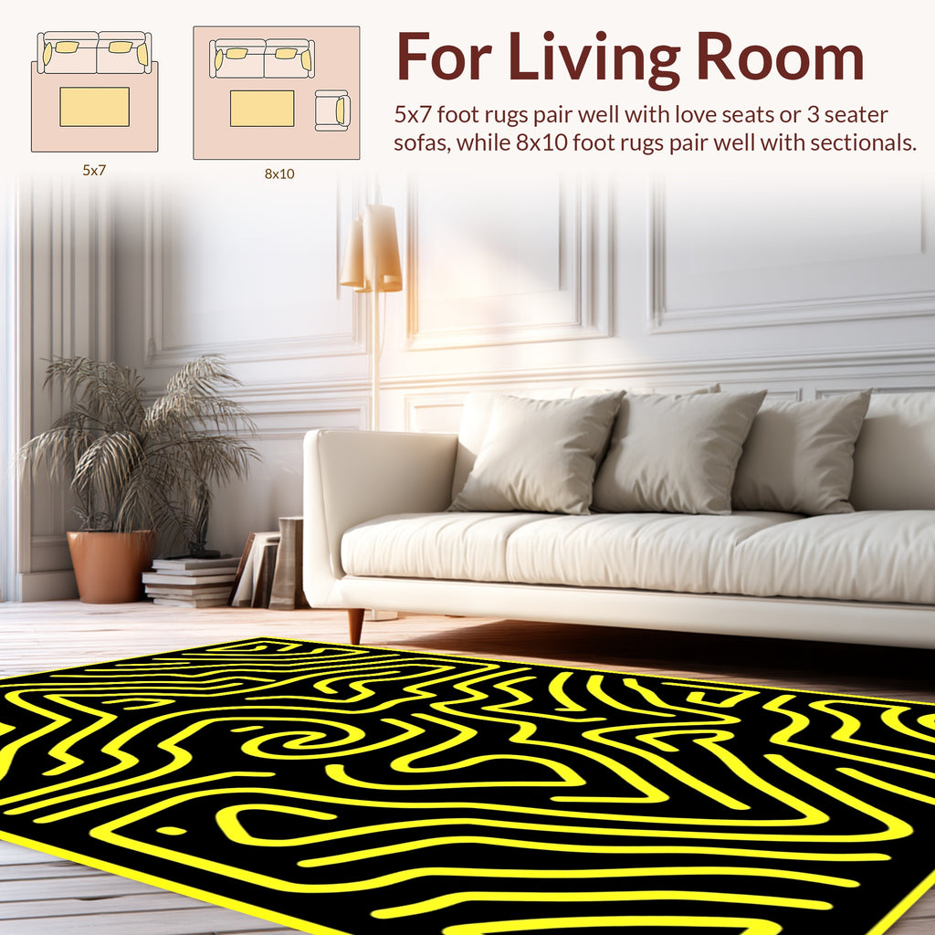Bold Yellow Abstract Maze Pattern Rug