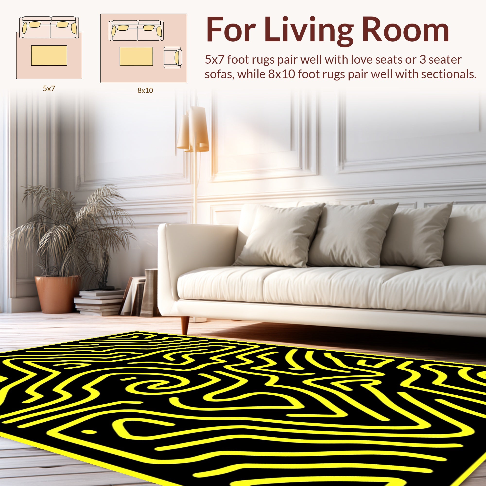 Bold Yellow Abstract Maze Pattern Rug