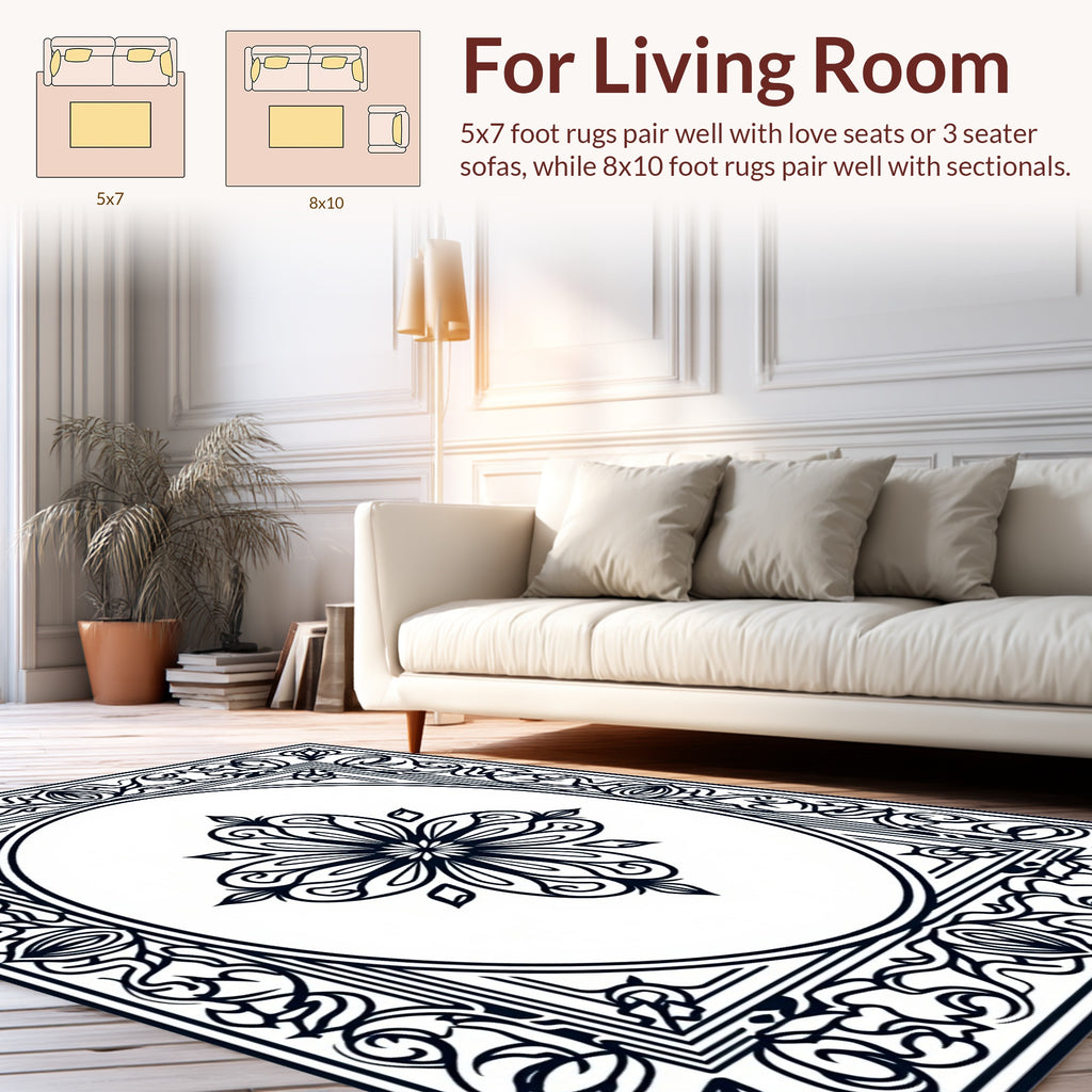 Ornate Black White Floral Scroll Rug