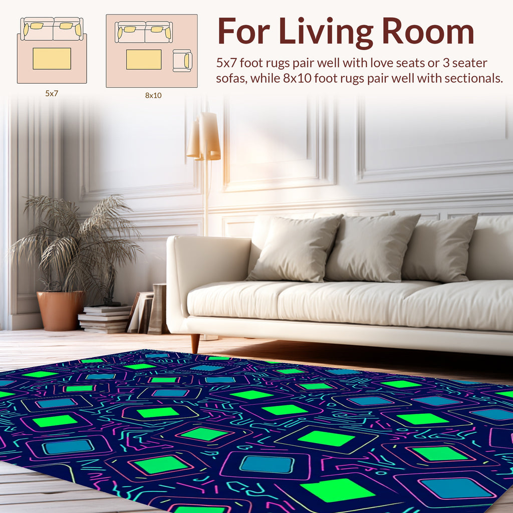 Retro Neon Circuit Squares Design Rug