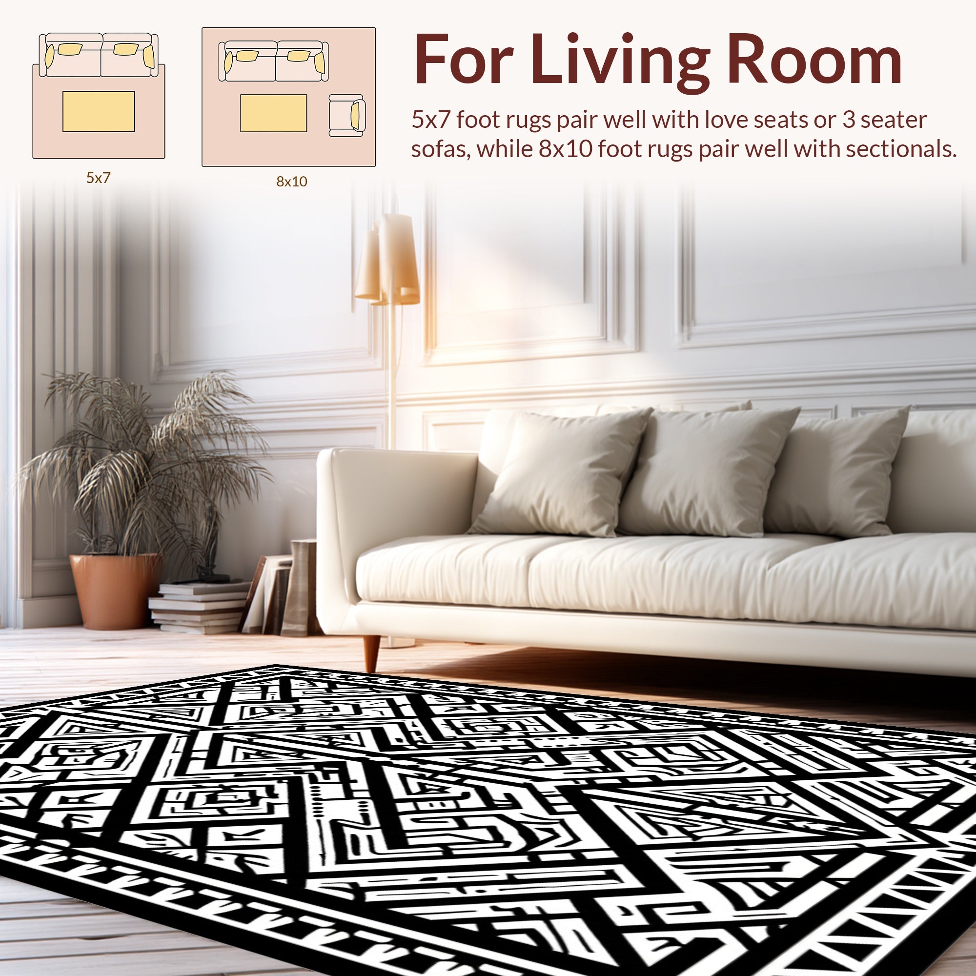 Bold Black White Geometric Maze Design Rug