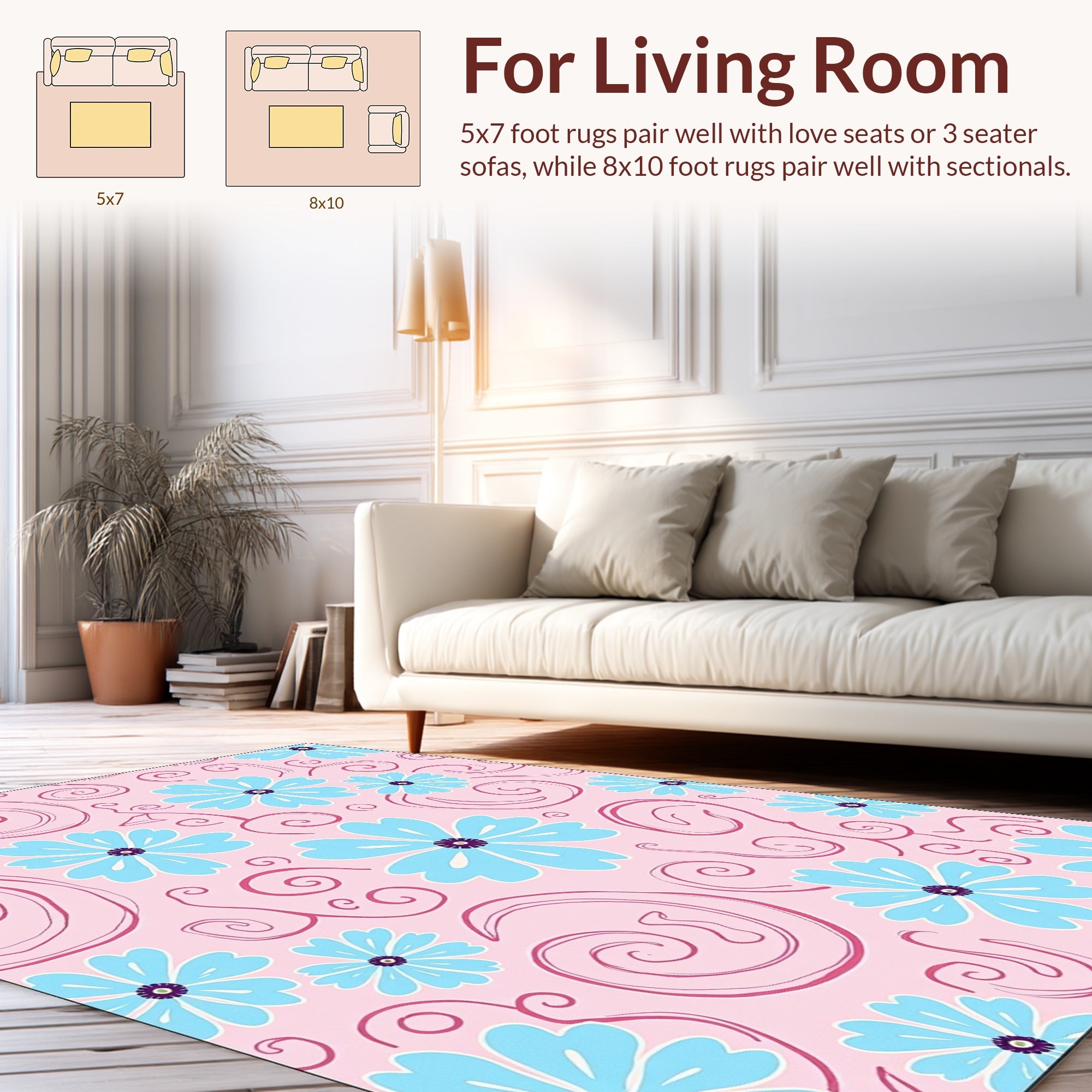 Pink Baby Blue Floral Swirls Pattern Rug