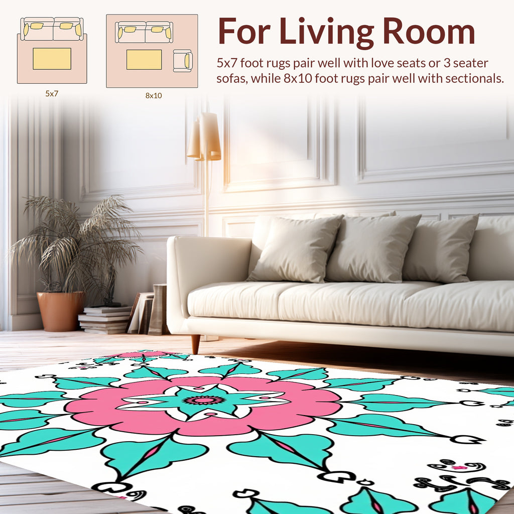 Pink Teal Starburst Mandala Design Rug