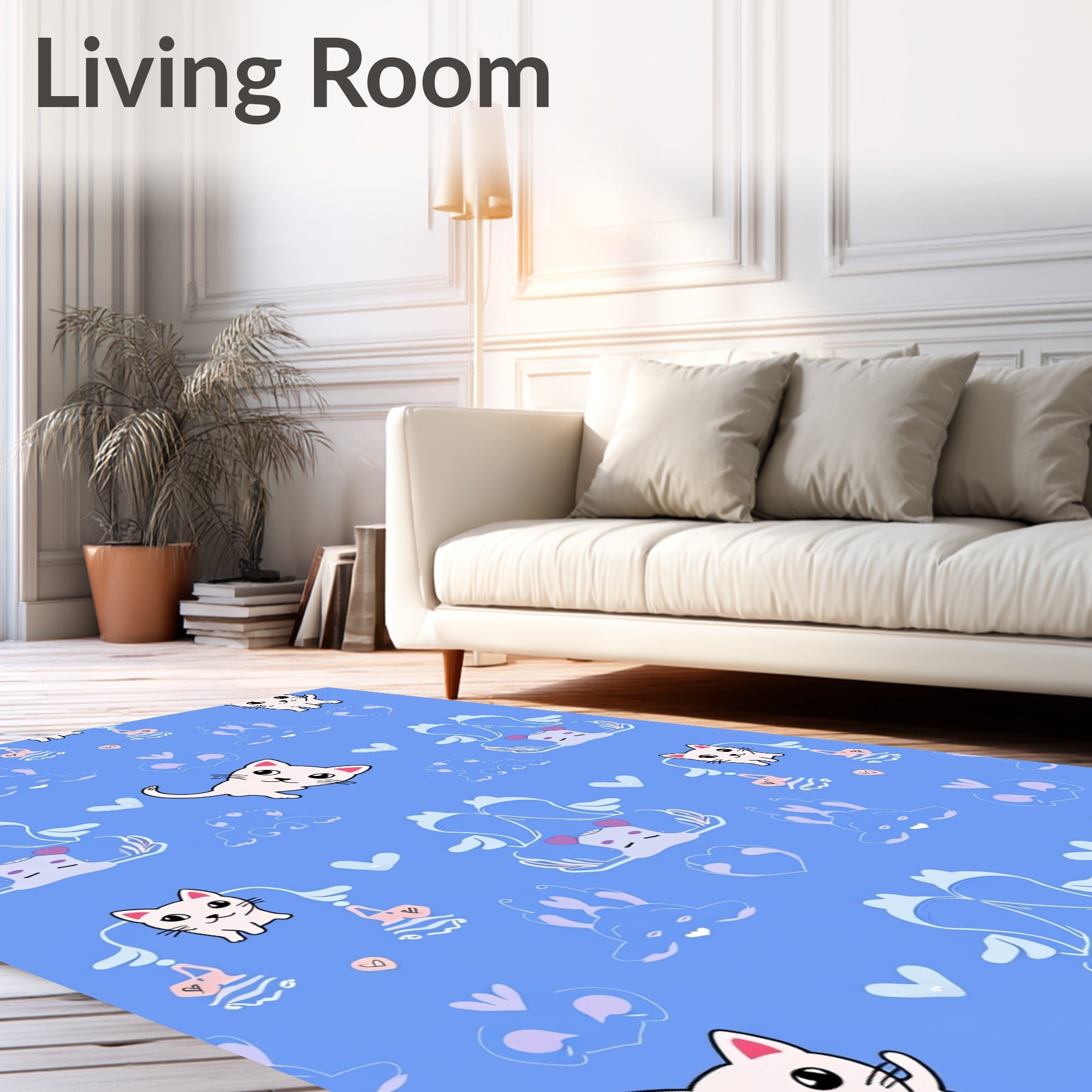 Playful White Cats Hearts Pattern Rug