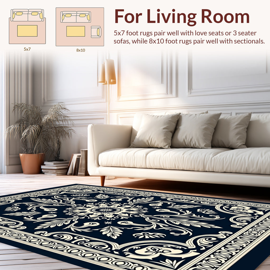 Ornate Floral Patterned Navy Rug