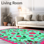 Vibrant Pink Daisy Garden Teal Rug
