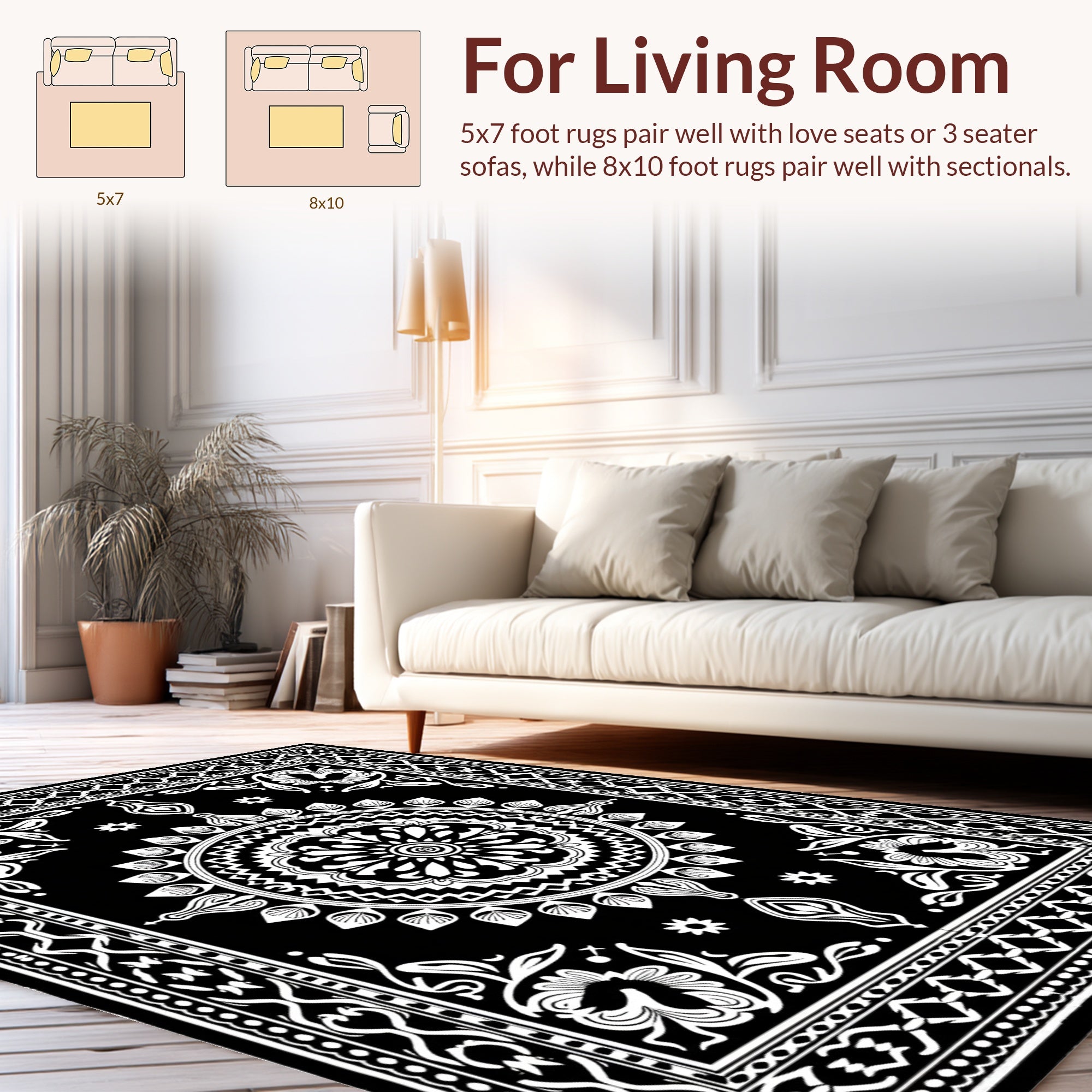 Classic Black White Floral Medallion Rug