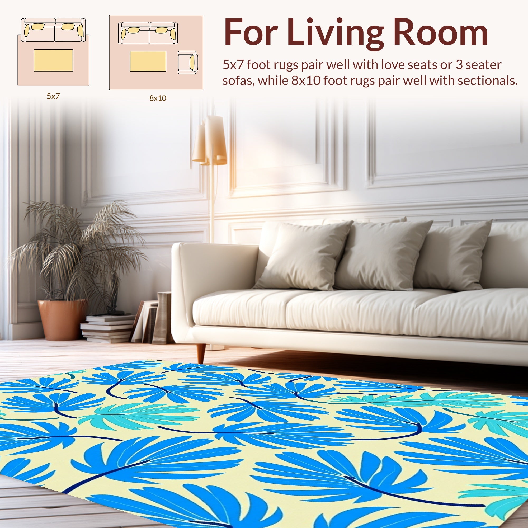 Blue Palm Leaf Pattern Rug