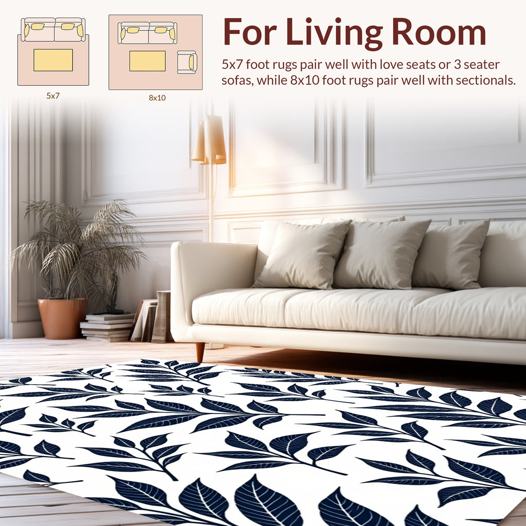 Dark Navy Leaf Branch Pattern Rug