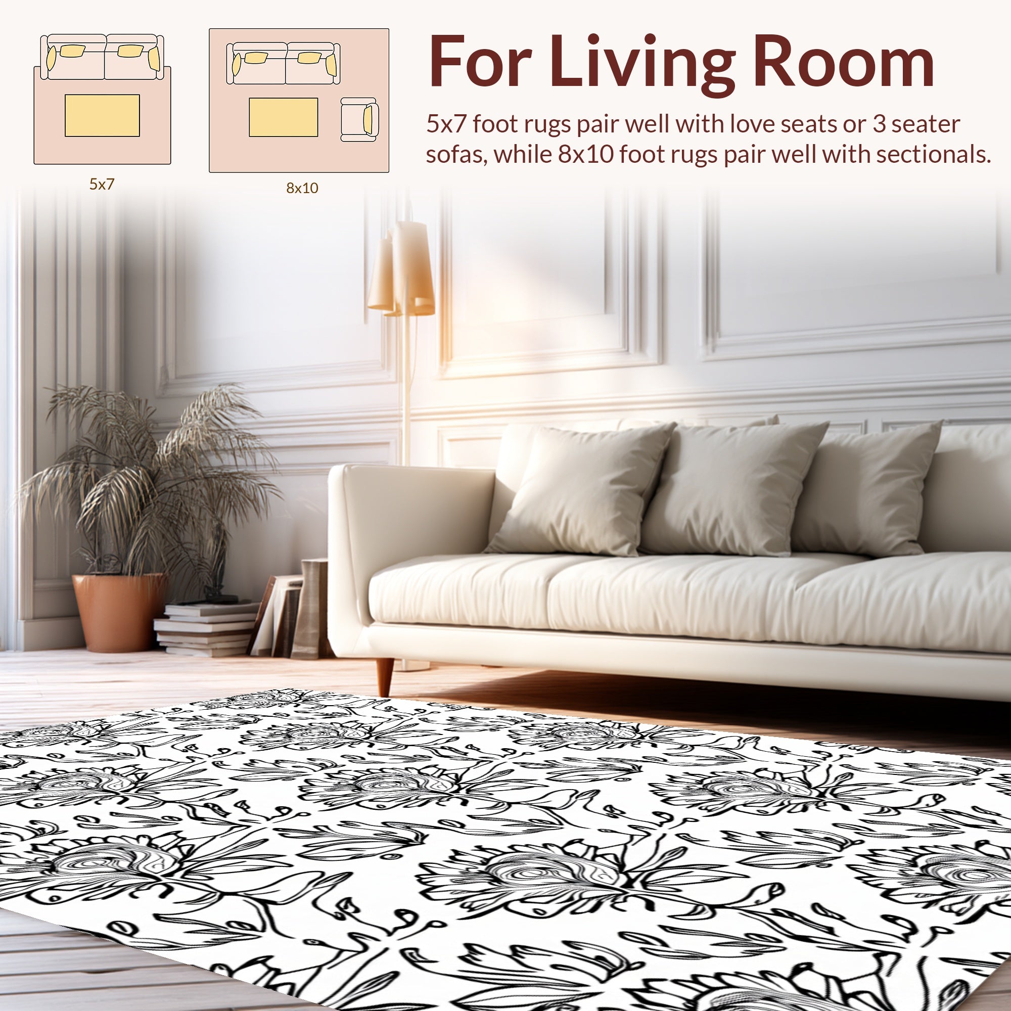 Classic Floral Black White Line Art Rug